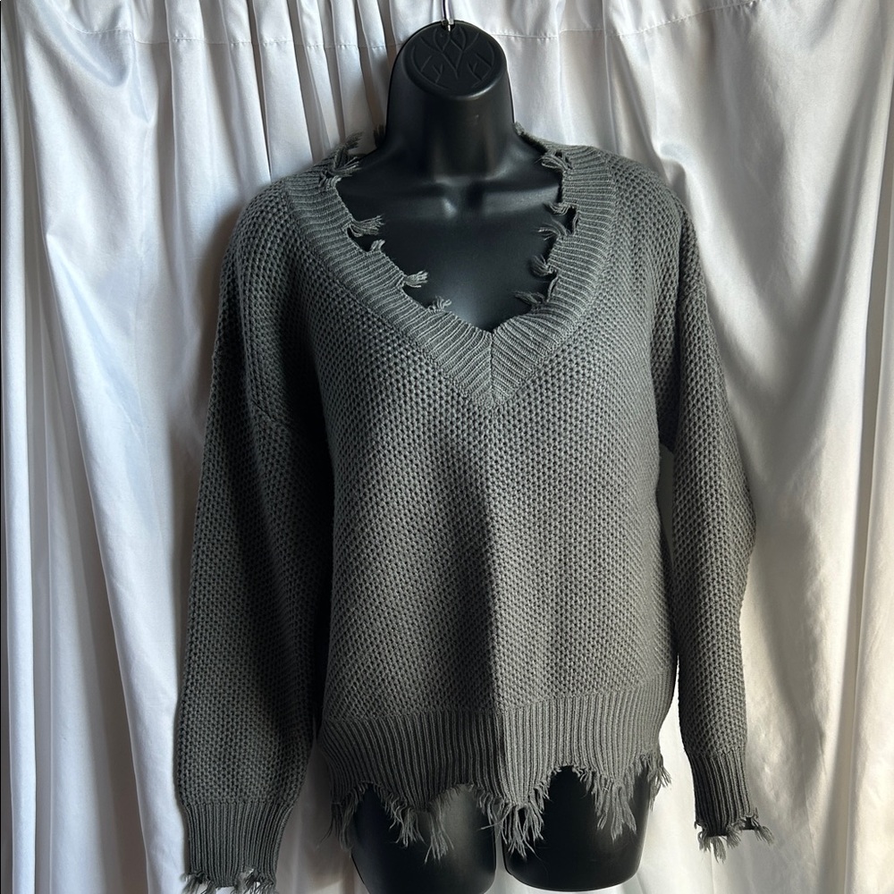 LA MIEL Charcoal Distressed V-Neck Sweater